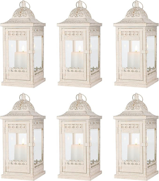 JHY DESIGN 6 Pack Decorative Candle Lanterns 14.5" High Vintage Style Hanging Lantern Metal Candleholder for Indoor Outdoor Events Parties and Weddings（Beige with Gold Brush）