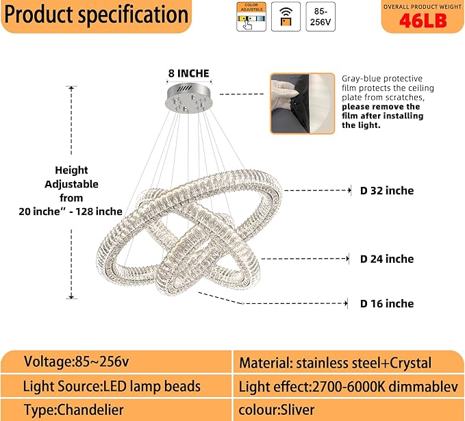 3 Rings Silver Crystal Chandeliers for Living Room High Ceiling Chandeliers for Foyer LED Dimmable3000-6000K D32''+D24''+D16''
