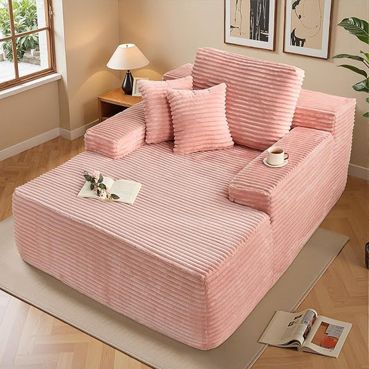 Chaise Lounge Sleeping Couch, 67" L * 48.5" W Oversized Assembly Free Modern Minimalist Sofa, Extra Deep Large Single Seat Sofa, Free Standing Floor Couch for Living Room (Pink Plush Fabric)
