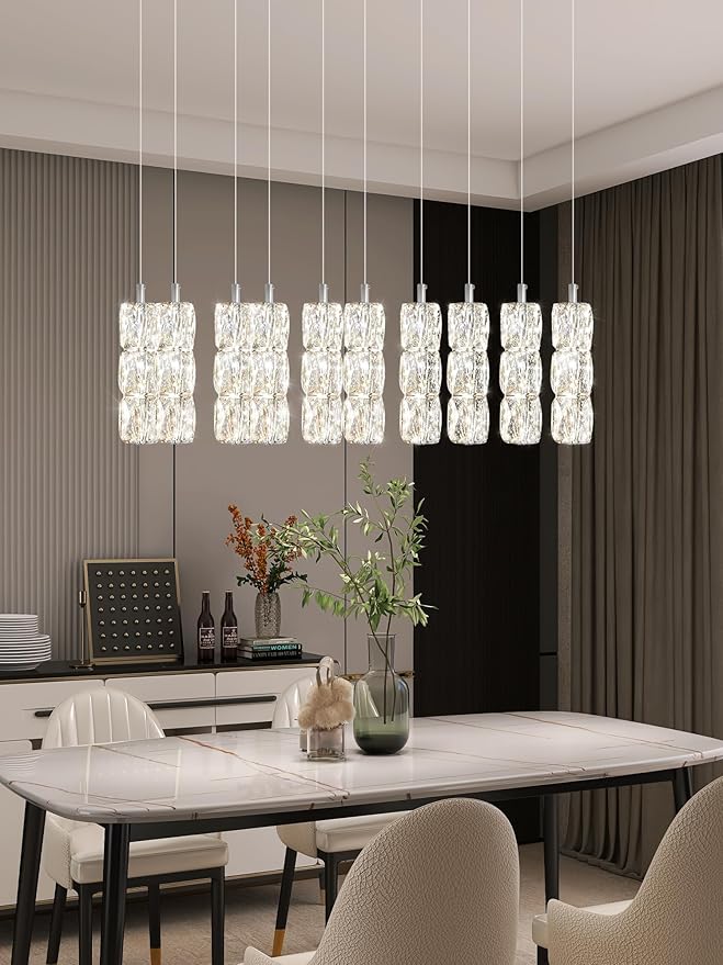 Modern Chandelier, Rectangular Crystal Chandelier Flush Mount Pendant Lighting Chrome Ceiling Light Fixture for Dining, Living Room, Kitchen Island, Bedroom