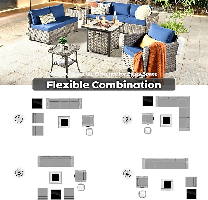 ovios 9 Pieces Patio Furniture Set, Outdoor Wicker Sectional Sofa with 30" Fire Pit Table Swivel Chair, Modern Modular Deep Seat Rattan Couch Conversation Sets, Navy Blue
