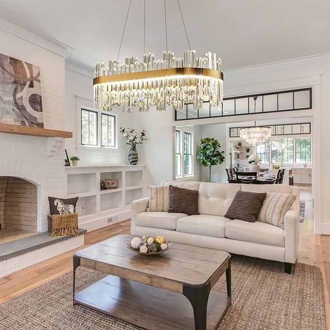 39.3" Dimmable Rectangle LED Crystal Chandeliers,Gold Chandelier Light, 3 Colors Contemporary Pendant Ceiling Light for Dining Room Living Room Kitchen Island Entryway Foyer,with Remote Control