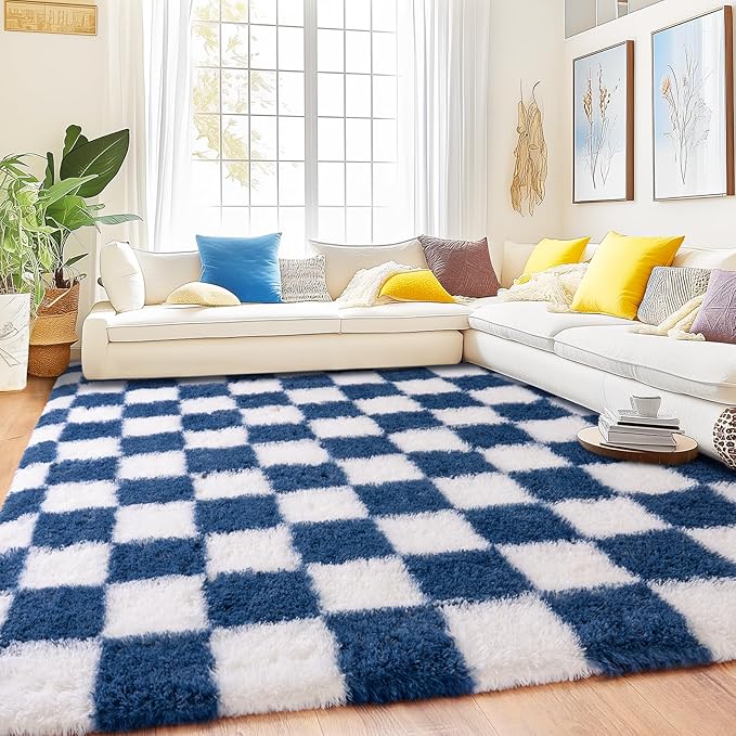 Checkered Rug for Living Room 8x10, Ultra Fluffy Fuzzy Shag Large Area Rug for Bedroom, Modern Plush Soft Upgrade Non-Slip Carpet for Kids Girls and Boys Room Dorm Home Decor, Navy and White