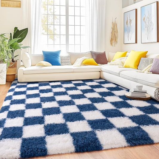 Checkered Rug for Living Room 8x10, Ultra Fluffy Fuzzy Shag Large Area Rug for Bedroom, Modern Plush Soft Upgrade Non-Slip Carpet for Kids Girls and Boys Room Dorm Home Decor, Navy and White