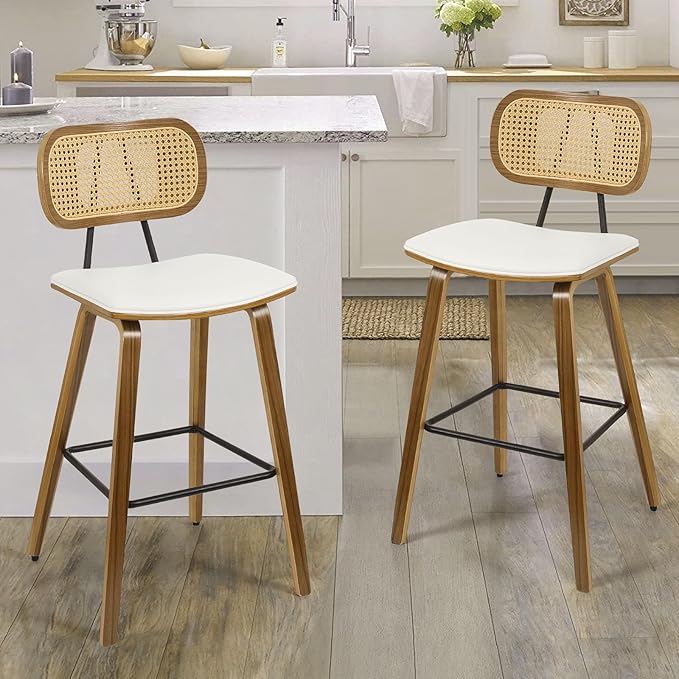 Counter Height Bar Stools Set of 2, Mid Century Modern Counter Stools, 26" Wood Kitchen Stool PU Leather Upholstered Barstool with Rattan Back, Counter Height Island Dining Bar Chair, Cream White