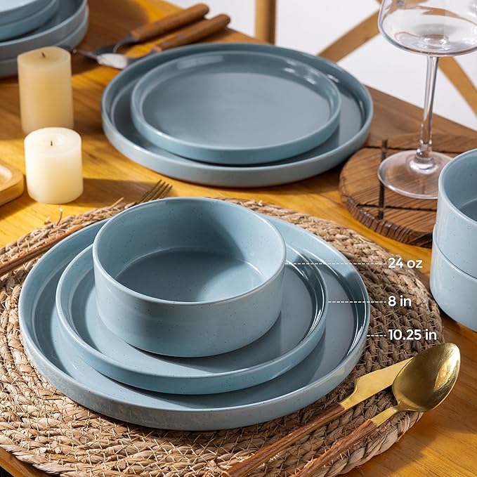AmorArc Ceramic Dinnerware Set for 4 | Speckled Stoneware Plates and Bowls with unglazed terracotta | Scratch Resistant, Dishwasher & Microwave Safe Dishes Sets- 12-Pcs Blue