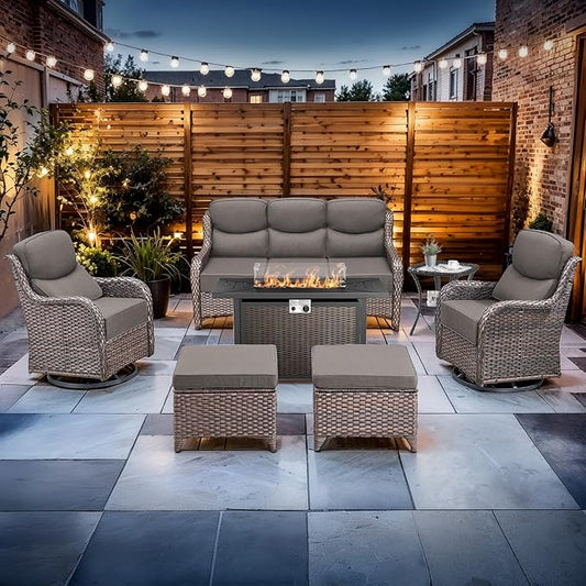Luxury High Back Outdoor Furniture with 6-inch Extra Thick Cushions, Patio Furniture Set with Fire Pit Table & Swivel Chairs, 7 PCS Wicker Conversation Set for Yard, Deck, Poolside, Brown/Grey