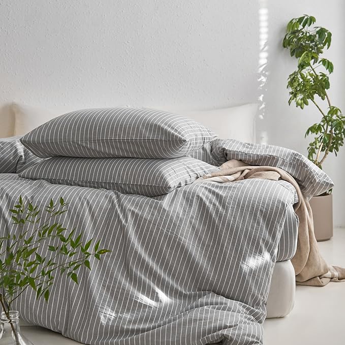 MooMee Striped Duvet Cover Set 100% Washed Cotton Linen Like Textured Breathable Durable Soft Comfy (Light Grey White Wide Stripes, Full 80"x90")