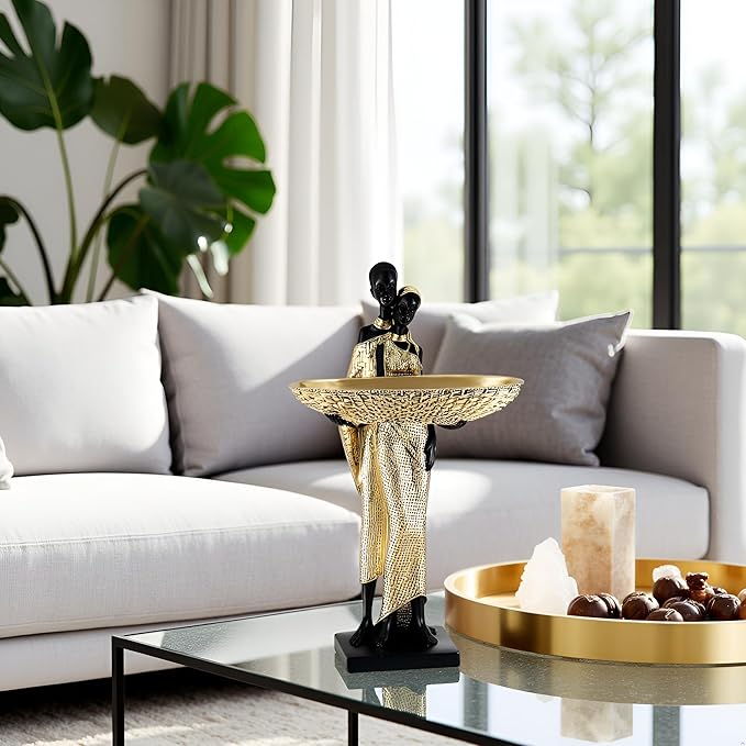 African Couple Resin Tray Sculpture – Black and Gold Decorative Bowl Statue for Entryway, Vanity, Coffee Table, Key Candy Jewelry Holder, Ethnic Art Home Decor Gift