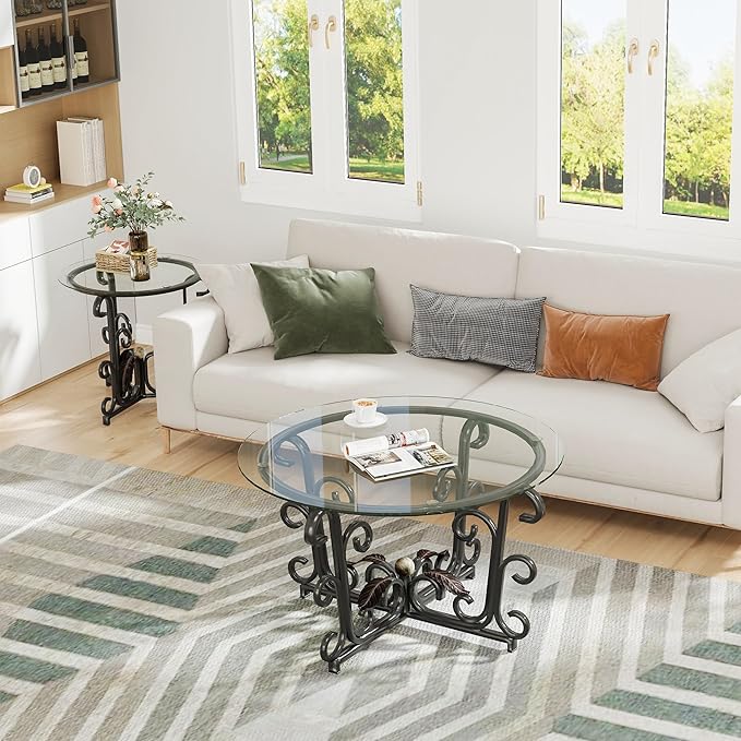 Tempered-Glass Nesting Coffee Table Set of 3 ，Black 31.5" Round Coffee Table and 2pcs Round Small Side Tables，Small-Space Friendl Modern Apartment Coffee Tables for Living Room