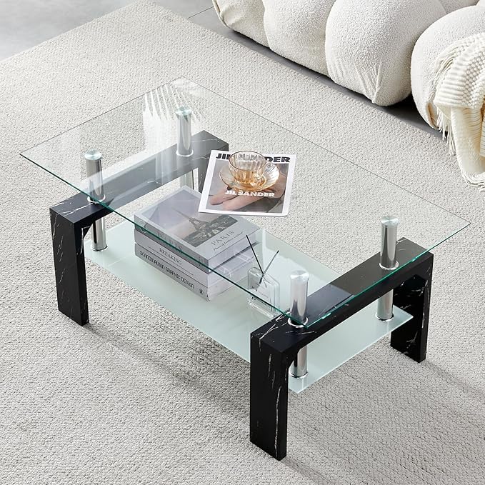 Living Room Rectangle Coffee Table, Tea Table Suitable for Waiting Room, Modern Side Coffee Table with Wooden Leg, Glass Tabletop with Lower Shelf, Black Marble Leg.