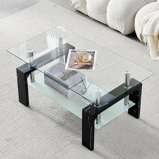 Living Room Rectangle Coffee Table, Tea Table Suitable for Waiting Room, Modern Side Coffee Table with Wooden Leg, Glass Tabletop with Lower Shelf, Black Marble Leg.