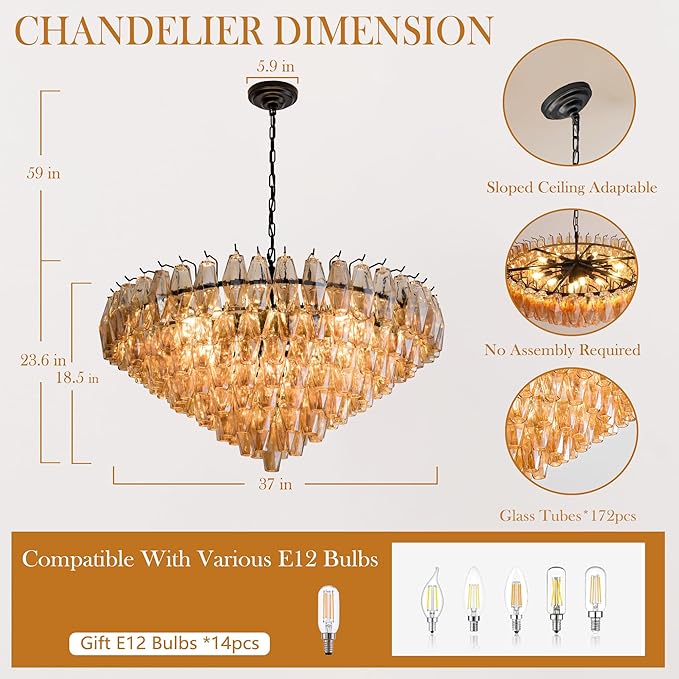 Modern Round Chandelier, 37" Extra Large Black Chandeliers for Dining Room, 14-Light with Tiered Smoke Glass Tubes Ceiling Light, Pendant Lighting Fixture for Living Room Bedroom Kitchen Island