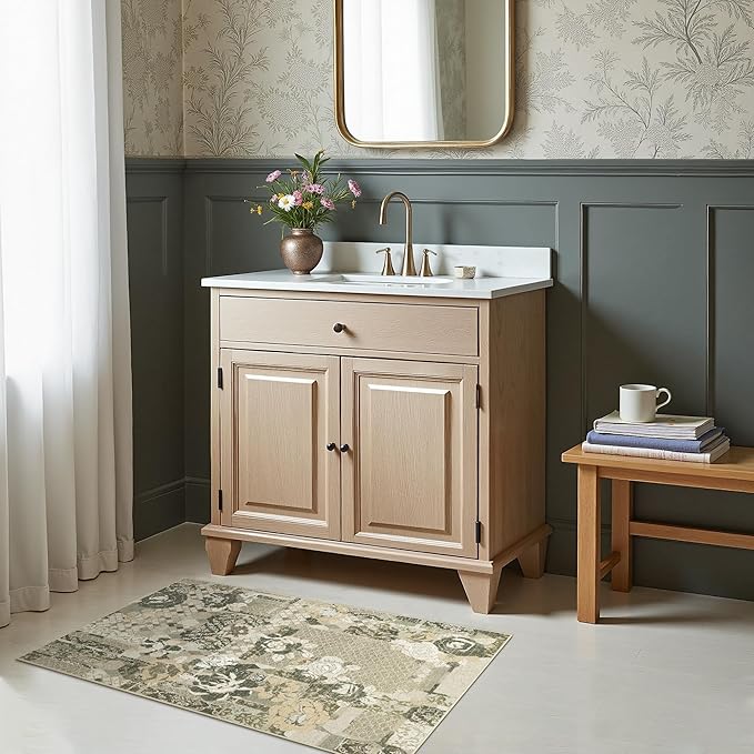 GENIMO Area Rug 2x3 Doormat, Machine Washable Low Pile Rugs, Small Floral Patchwork Retro Chenille Entryway Mat for Entrance, Hallway, Kitchen and Corridor, Taupe Gray