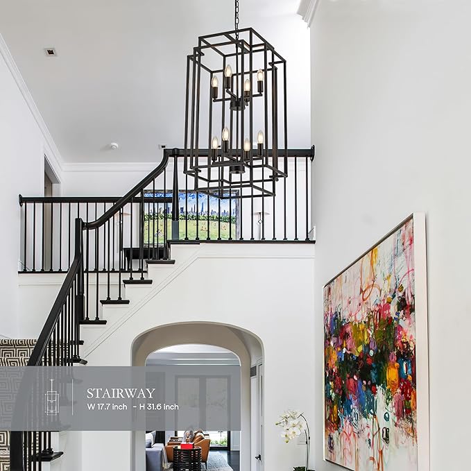 8-Light Lantern Tiered Pendant Light Fixtures, Black Metal Farmhouse Chandelier Hall Foyer Hanging Chandelier for Kitchen Island Dining Room Living Room Foyer Entryway, Black