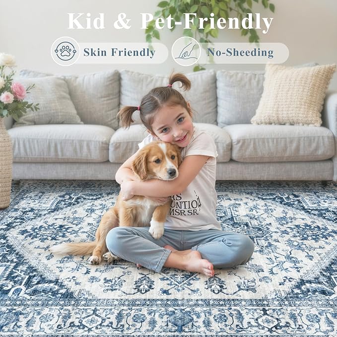 LIVEBOX Blue Washable Area Rug 8x10 - Large Vintage Tribal Living Room Rug Oriental for Bedroom, Non-Slip Retro Medallion Carpet Print Distressed for Dining Room Guest Office