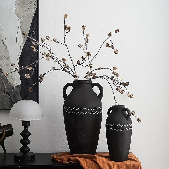Large Black Ceramic Vase, 12.4" H Farmhouse Rustic Decorative Vase Table Centerpiece, Pottery Terracotta Tall Vases Living Room Bathroom Weddings Decorations