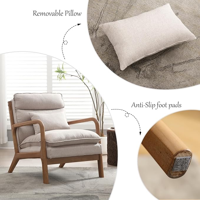 INZOY Mid Century Modern Accent Chair with Wood Frame, Upholstered Reading Armchair with Waist Cushion, Double Padded Accent Chair, Side Chair for Living Room Bedroom Office, Easy Assembly, Beige