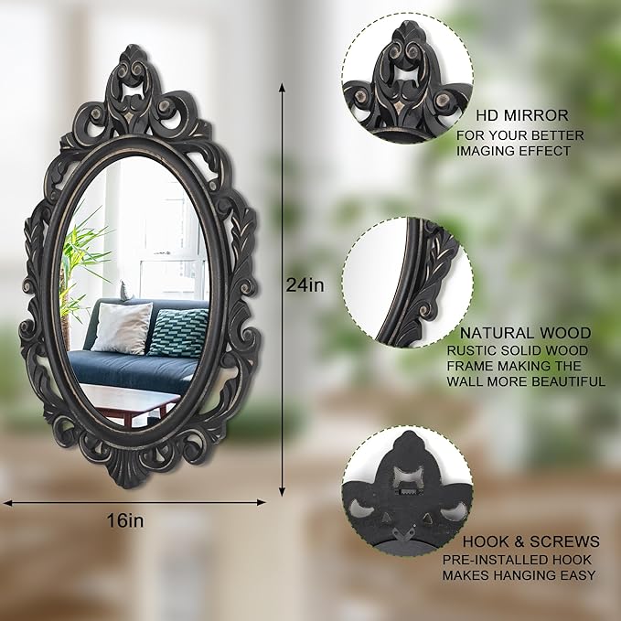 Black Oval Wooden Frame Vintage Wall Mirror Baroque Style Arendahl Traditional Carved Hanging Mirror for Wall Decorative Antique Mirror Aesthetic for Vanity Bedroom Living Room Kitchen Entryway