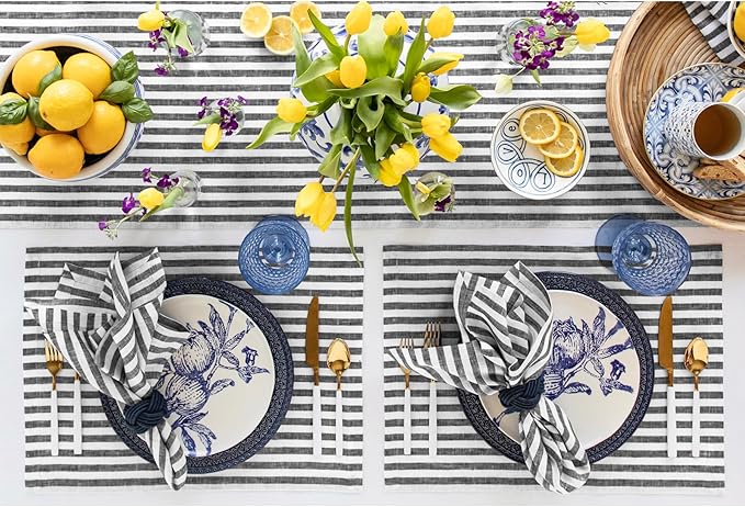 Solino Home Linen Placemats Set of 4 - Amalfi Stripe Black and White Placemats 14 x 19 Inch - 100% Pure Linen Place Mats for Fall, Autumn, Halloween, Thanksgiving