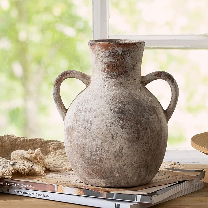 SIDUCAL Rustic Ceramic Farmhouse Flower Vase with 2 Handles, Whitewashed Terra Cotta Vase, Decorative Pottery Flower for Home Decor, Table, Living Room, Shelf Decor, 7.3 Inch, Terra