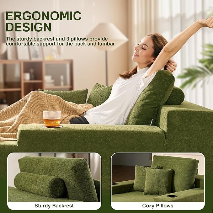 Chaise Lounge Chair Indoor, 67" Oversized Comfy Cloud Velvet Sleeper Sofa Bed with Cup Holders and Wide Armrests, Boneless Upholstered Recliner Bed, Modern Cloud Couch for Living Room, Green