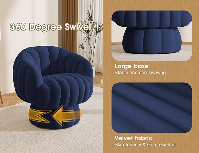 Mid Century Modern 360 Degree Barrel Swivel Accent Sofa Chair,Fluffy Velvet Fabric Lounge Wide Upholstered Pumpkin Reading Chair, Round Cloud Armchair for Living Room,Bedroom,Vanity(Navy Blue)