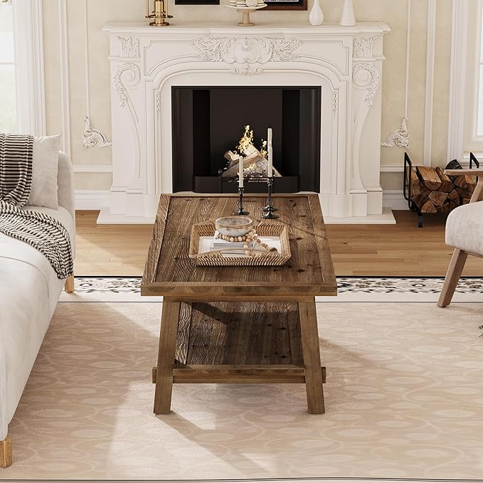 Solid Wood Coffee Table, 47-Inch Farmhouse Rectangle Coffee Table for Living Room, 2-Tier Rustic Wooden Center Furniture with Storage, Vintage Brown