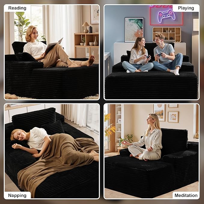 Chaise Lounge Chair Indoor, 67" Oversized Comfy Plush Fur Sleeper Sofa Bed, Boneless Upholstered Recliner Bed with Pillows and Wide Armrests, Modern Cloud Couch for Living Room, Black