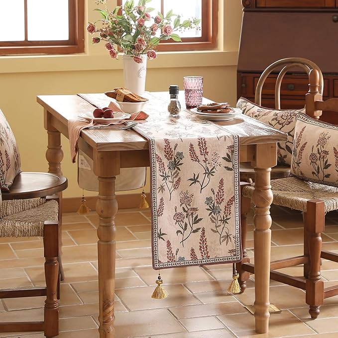Designer Light Beige Linen Extra Long Table Runner 118 Inches,Vintage Floral Wrinkle Resistant Table Runners for Dining Tables,Christmas,Thanksgiving,Kitchen Tables,12"*118"-Helena A