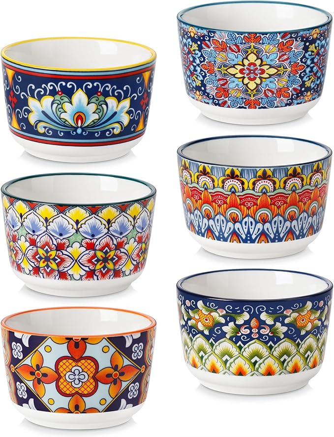 vancasso 6 Oz Ramekins Oven Safe Set of 6, Bohemian Creme Brulee Ramekins, Colorful Souffle Dishes, Pudding Custard Cups for Baking, Small Ceramic Bowls for Dipping Sauce, Ice Cream