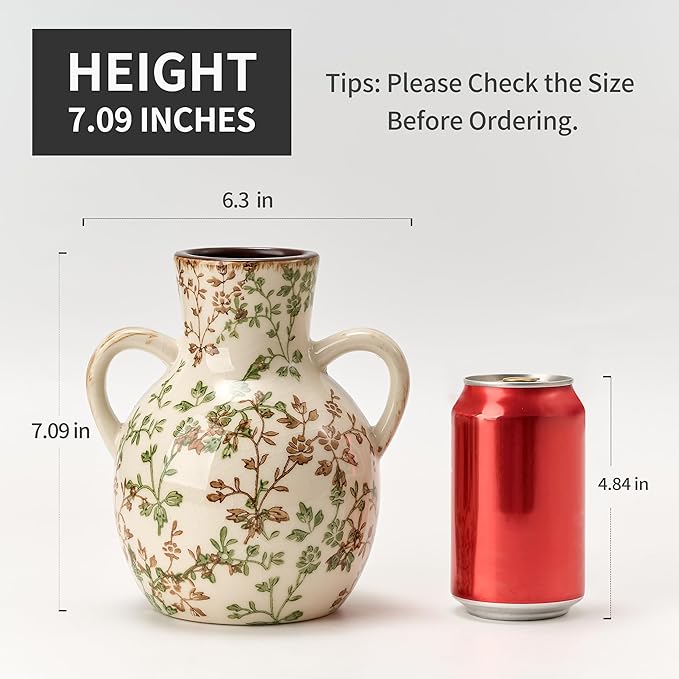 SIDUCAL Ceramic Green and Beige Retro Vase with Handles, 7 Inch Ice Cracked Vintage Pastoral Vase, Rustic Farmhouse Vases for Home Decor, Table, Living Room, Shelf Decor, Chinoiserie Decor