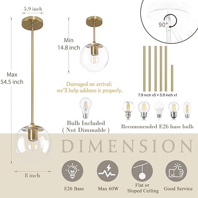 8" Globe Pendant Light Gold Mid Century Modern Light Fixture Clear Glass Pendant Lights Kitchen Island Modern Pendant Lights Brushed Brass Finished with Clear Glass Lampshade for Bedroom