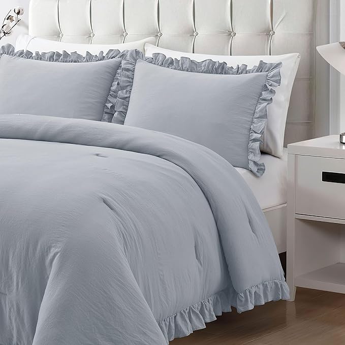 Bonlino Bed Bedding Comforter Set King - 3 Pieces Farmhouse Comforter Set, Ruffle Fluffy Boho Bedding Set Bedroom Comforter & 2 Ruffled Pillow Shams (King, Grey)