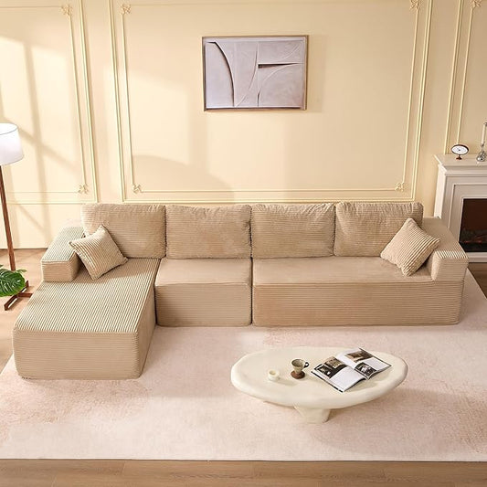 138" Boneless Couch with Deep Seat, Modular Sectional Sofa, Cloud Sectional Couch for Living Room, No Assembly Required, Corduroy, 4 Seater L-Shape Left, Camel