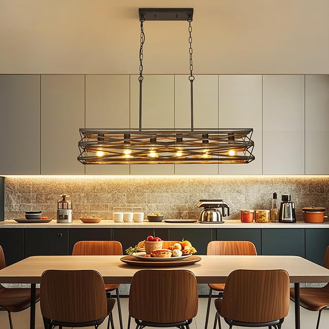 40''Large Farmhouse Rectangular Chandeliers for Dining Room,6-Light Black Matte Dining Light Fixture,Modern Industrial Pendant Lights Kitchen Island,Linear Chandelier with Retro Wood Texture Interior