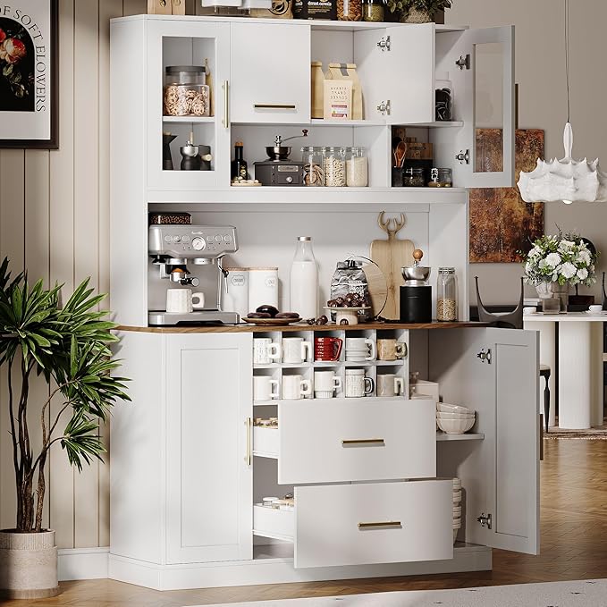 71” Kitchen Pantry Storage Cabinet with Microwave Stand, Freestanding Kitchen Hutch Cabinet with 10 Wine Racks, 5 Cabinets & 2 Drawers, 6 Doors Modern Food Pantry Coffee Bar Hutch White