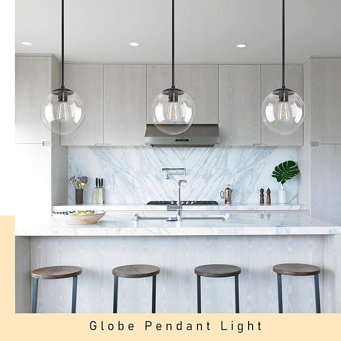 10 Inch Globe Pendant Light Black Mid Century Pendant Light Contemporary Globe Pendant Lights Clear Glass Pendant Lights Adjustable Hanging Light Fixture Clear Glass with Black Finish for Dining Room