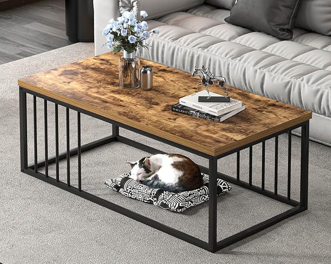 FOLUBAN Coffee Table, Modern Wood and Metal Living Room Table, Industrial Rectangle Cocktail Tea Table, Rustic Brown, 43.3 Inch
