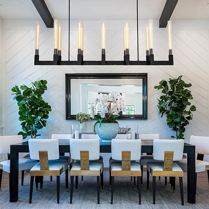 Black 12-Lights Modern Chandelier with Glass Tube, 54in Chandeliers Rectangular Luxurious Large Chandelier Fixture Ceiling Pendant Lighting for Dining Living Room, Foyer