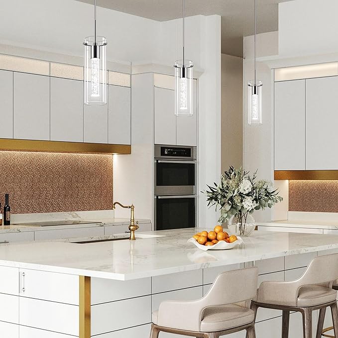 Pendant Ceiling Light Fixture, LED Kitchen Lighting Crystal Pendant Lights Kitchen Island, 1-Light Integrated Kitchen Hanging Light Fixture Modern Island Light with Bubble Glass Three Pack