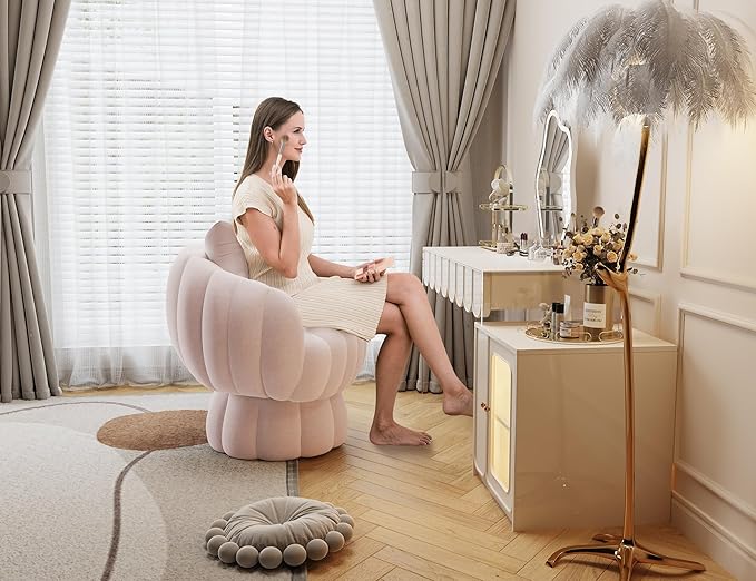 Mid Century Modern 360 Degree Barrel Swivel Accent Sofa Chair,Fluffy Velvet Fabric Lounge Wide Upholstered Pumpkin Reading Chair, Round Cloud Armchair for Living Room,Bedroom,Vanity(Pink)