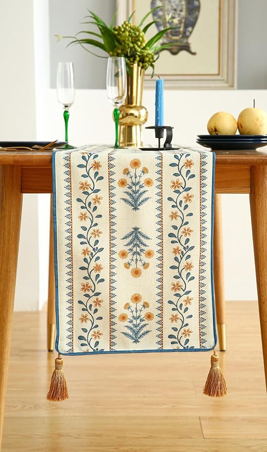 ISAENNE Designer Pale Yellow Elegant Linen Table Runner 71 Inches Long,French Floral Pattern Elegant Table Runners for Dining Tables,Thanksgiving,Kitchen Tables,Christmas,12"*71"-Estevan A