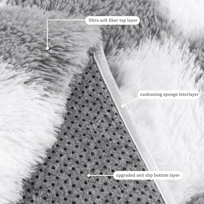 Checkered Rug for Living Room 8x10, Ultra Fluffy Fuzzy Shag Large Area Rug for Bedroom, Modern Plush Soft Upgrade Non-Slip Carpet for Kids Girls and Boys Room Dorm Home Decor, White and Grey