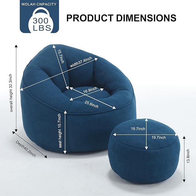 Bean Bag Sofa Chair with Foam Padded Velvet Bean Bag Chair with Soft Foam Padded Ottoman