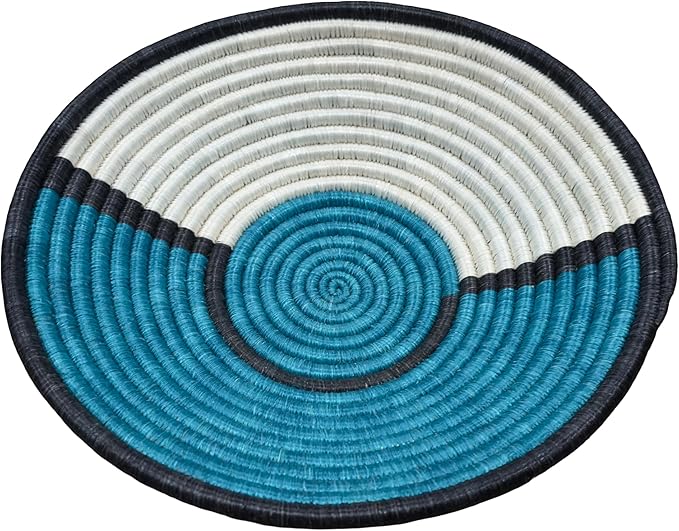 Handwoven African Basket Handmade sisal Fruit Bowl Wall Hanging decorative Baskets for Home Living Room Kitchen Centerpiece Zen Designs Arts and Crafts (Teal Black White, 8in diameter)