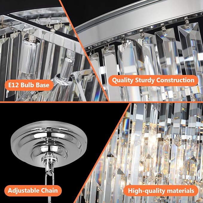 13.8'' Modern Crystal Chandelier, Chrome Round Ceiling Light with Clear Prisms, Luxury Flush Mount Lighting Fixture for Dining Room Bedroom Foyer