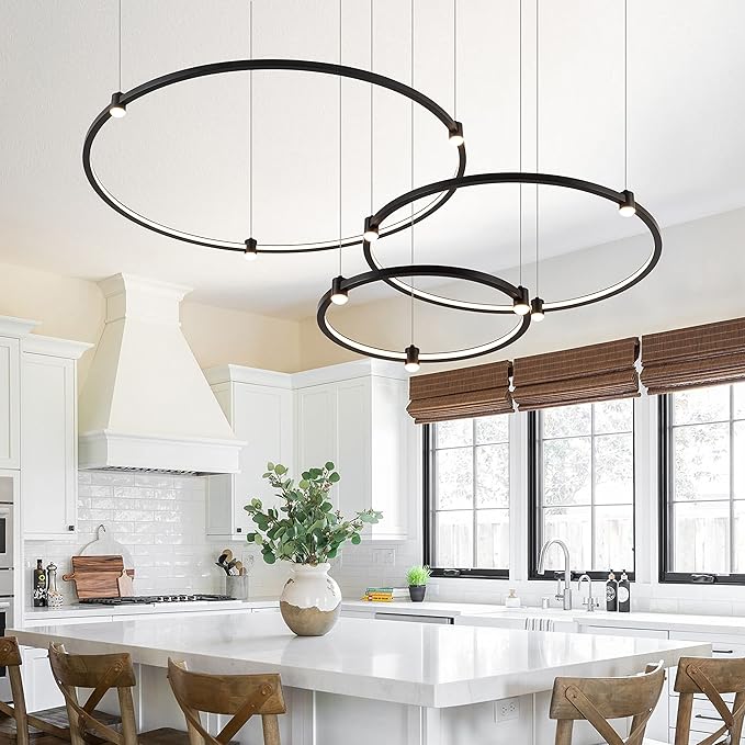 Modern Led Chandelier, 3-Rings Light Modern Led Pendant Light Black Dimmable Integrated Ceiling Hanging Pendant Lighting for Kitchen Island Dining Room Living Room Office 3000K 4000K 6000K