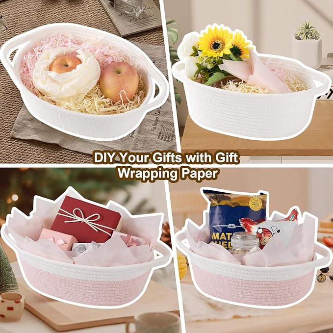 OIAHOMY Gift Basket Empty with Handle, 12"x 8"x 5" Small Woven Basket with Gift Bag, Ribbon and Wrap Tissue Paper, Dog Toy Storage for Organizing - Grey & White
