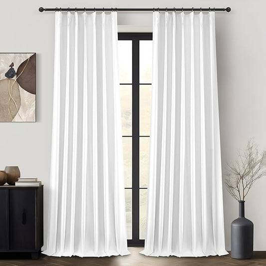 Pinch Pleated Bright White Blackout Curtains 105 Inches Long for Bedroom 2 Panels Set, Modern Linen Blend Heavy Thermal Decor Curtain Room Darkening Privacy Office /Kids Room Window Drapes 40"Wx105"L